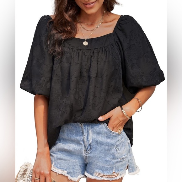 Mincib Summer Flowy Chiffon Loose Fit Square Neck Puff Sleeve Blouse Size 2X - Picture 1 of 9
